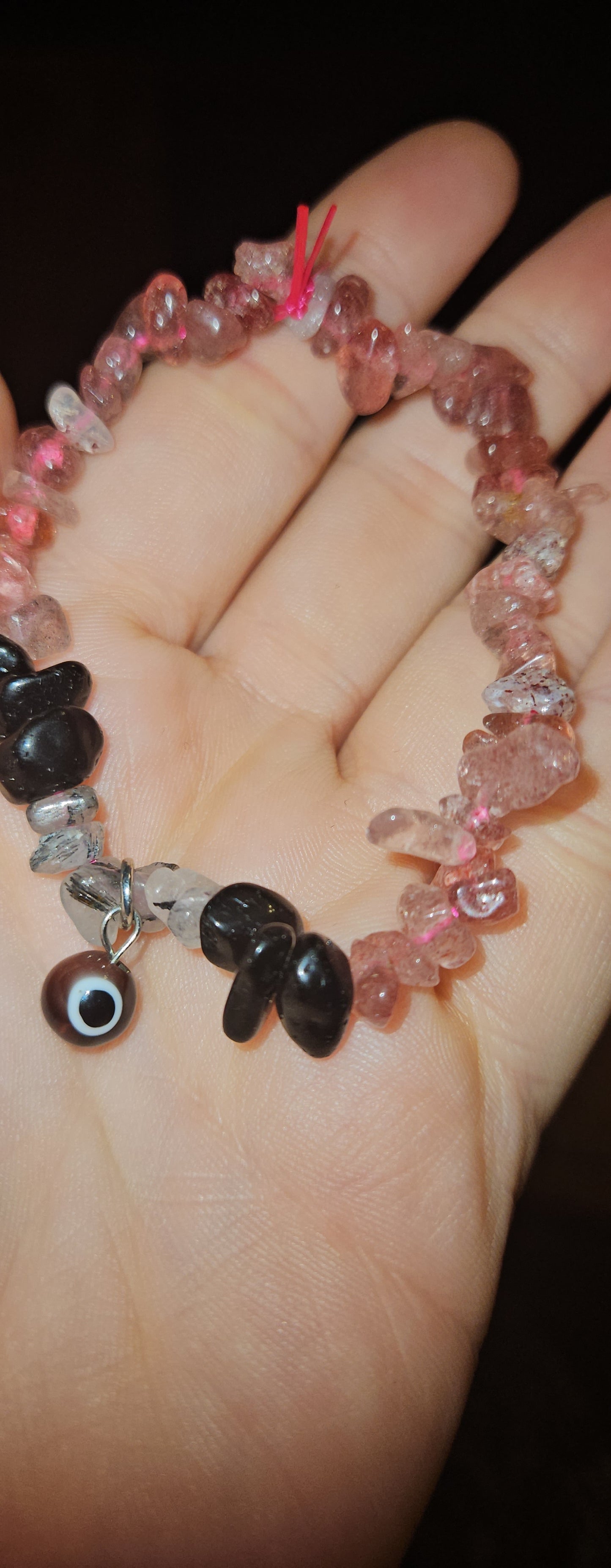 Strawberry Quartz/Tourmaline/Obsidian Evil Eye Bracelet