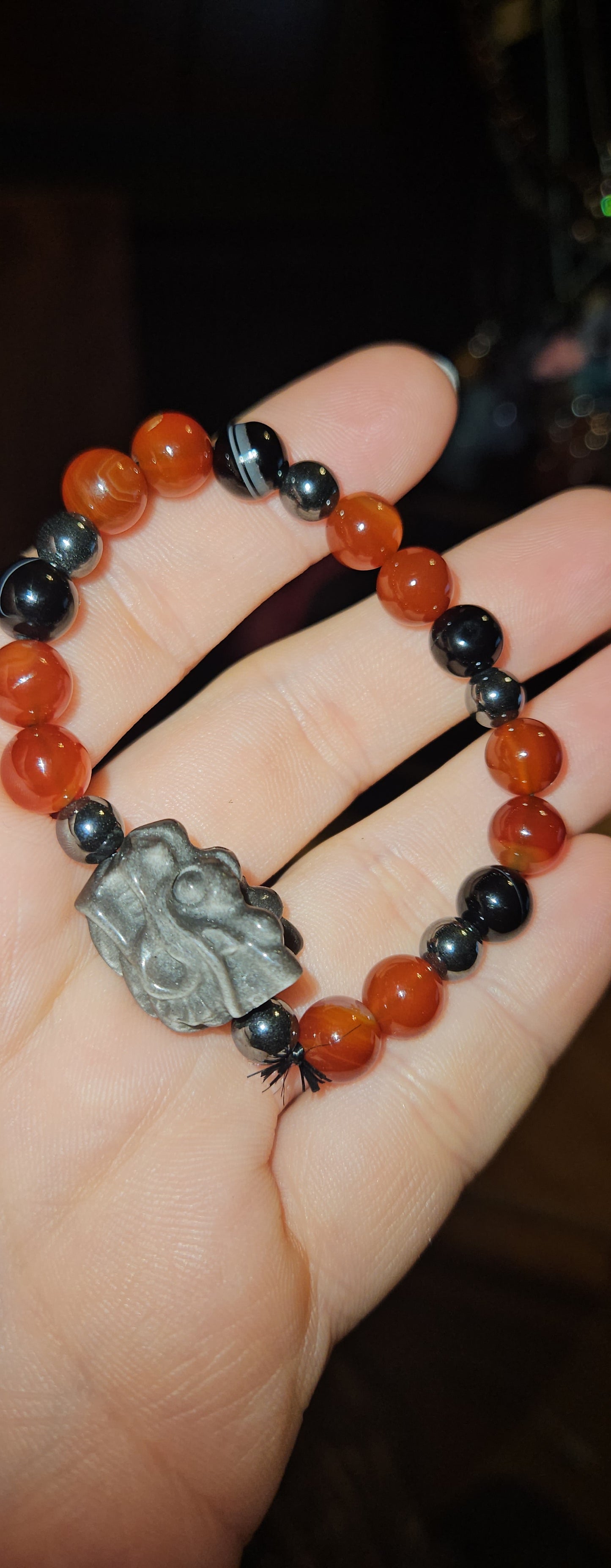 Black Agate/Carnelian/Hematite/Silver Obsidian Pixiu Bracelet