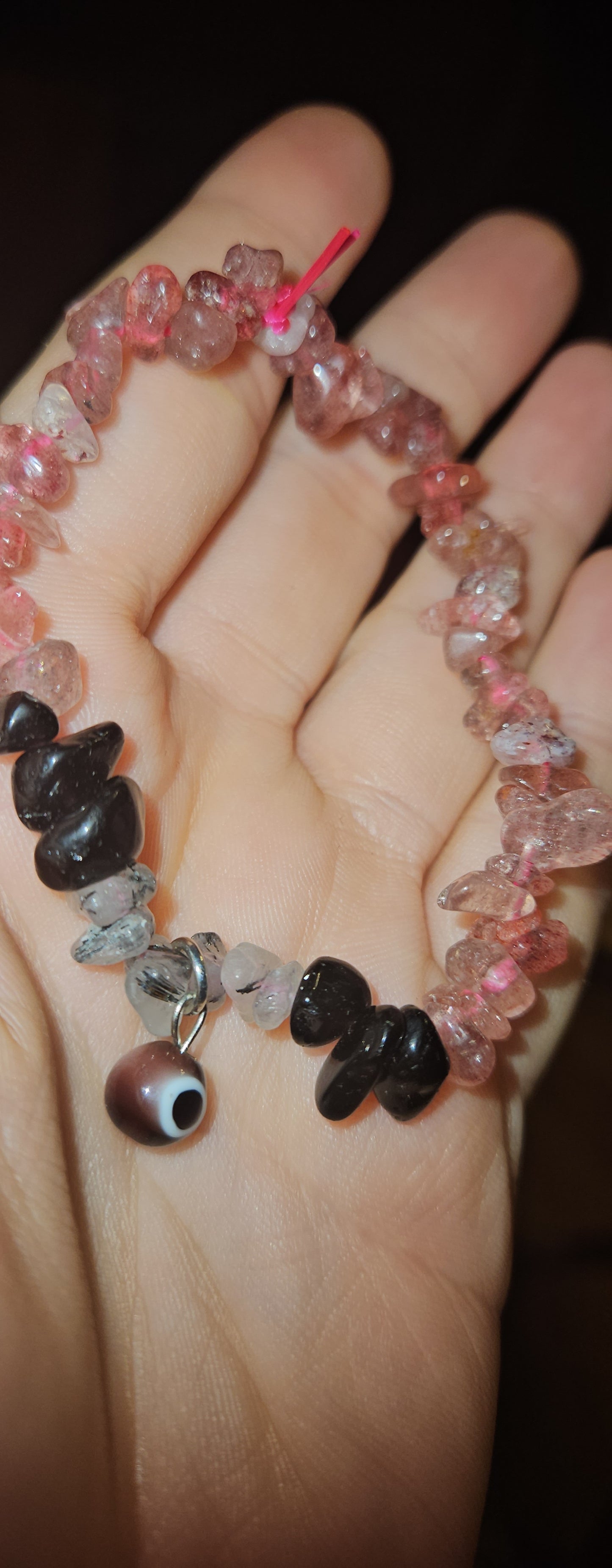 Strawberry Quartz/Tourmaline/Obsidian Evil Eye Bracelet